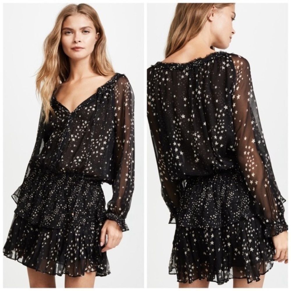LoveShackFancy Black Star-Print Long-Sleeve Mini Dress